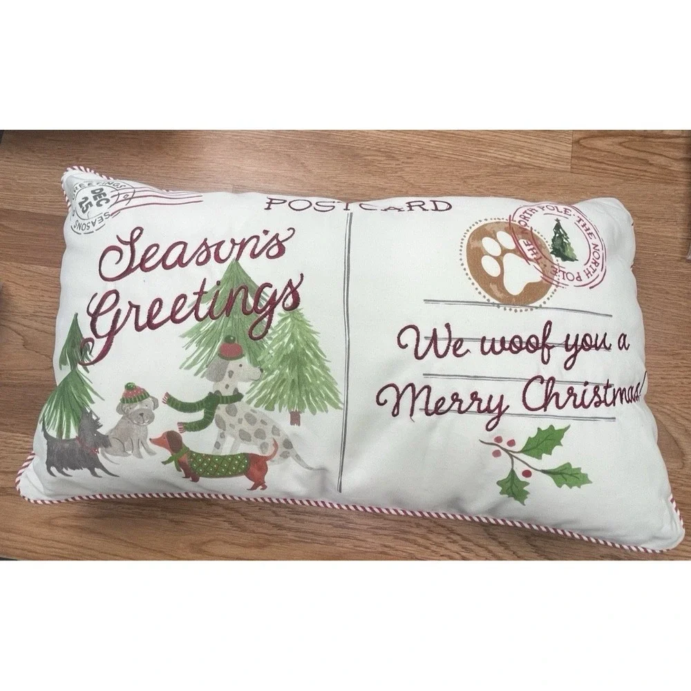 Isaac Mizrahi Postcard Season Greetings Dogs Christmas Throw Pillow 13